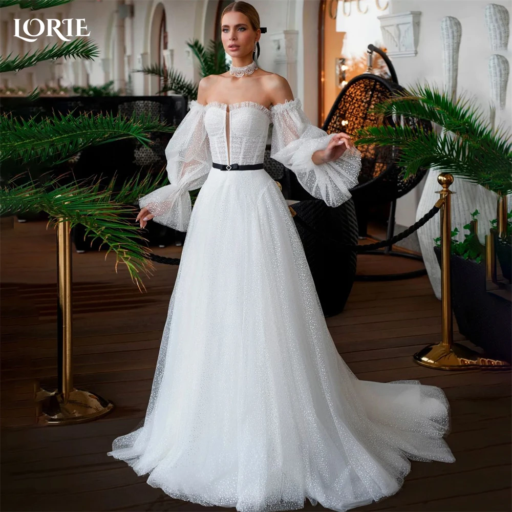 

LORIE Solid Dot Wedding Dresses Ruched Off Shoulder Puff Sleeves A-Line Backless Bridal Gowns Bohemia Princess Bride Dress 2023