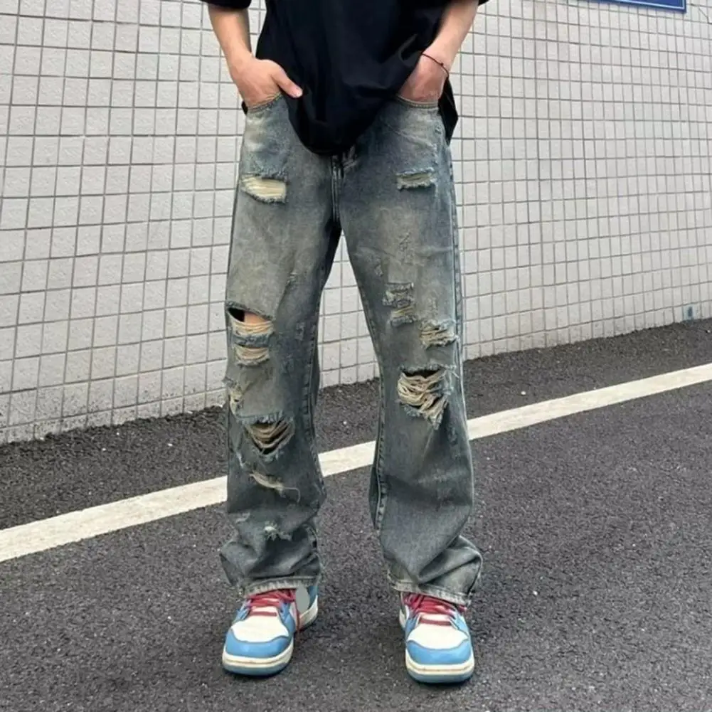 

Hip Hop Men Jeans Ripped Hole Washed Wide Leg Straight Trousers Distressed Loose Streetwear Casual Multi Pockets Men Long Pants