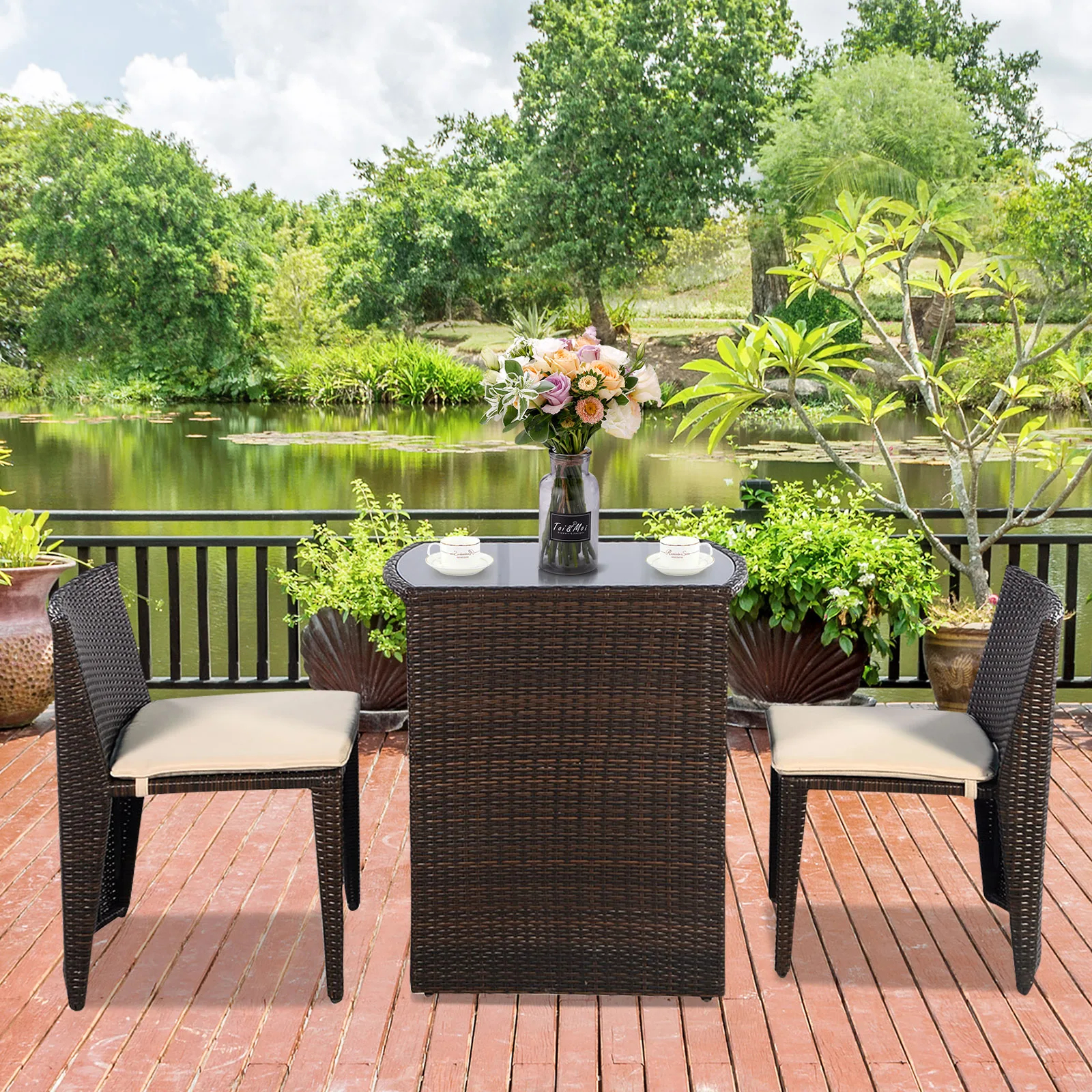 3 pcs Cushioned Outdoor Wicker Patio Set Garden Lawn Sofa Furniture Seat No Assembly