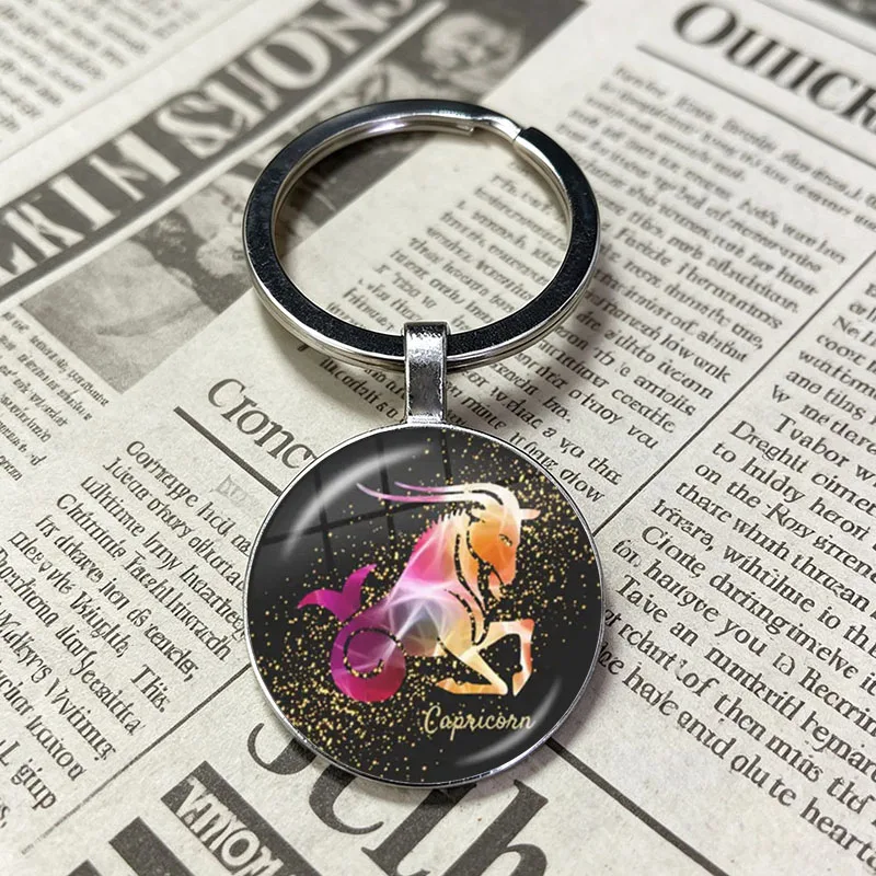 New Product Black Background Sparkle Constellation Art Convex Glass Dome Key Ring Twelve Astrology Symbols Unisex Fashion Gift