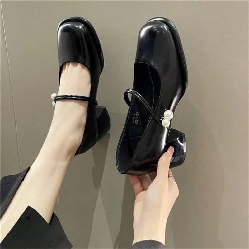 Ladies Summer Footwear Mary Jane Shoes for Women 2024 with Medium Heels Japanese Style Lolita Pearl Square Toe Gothic White Y2k