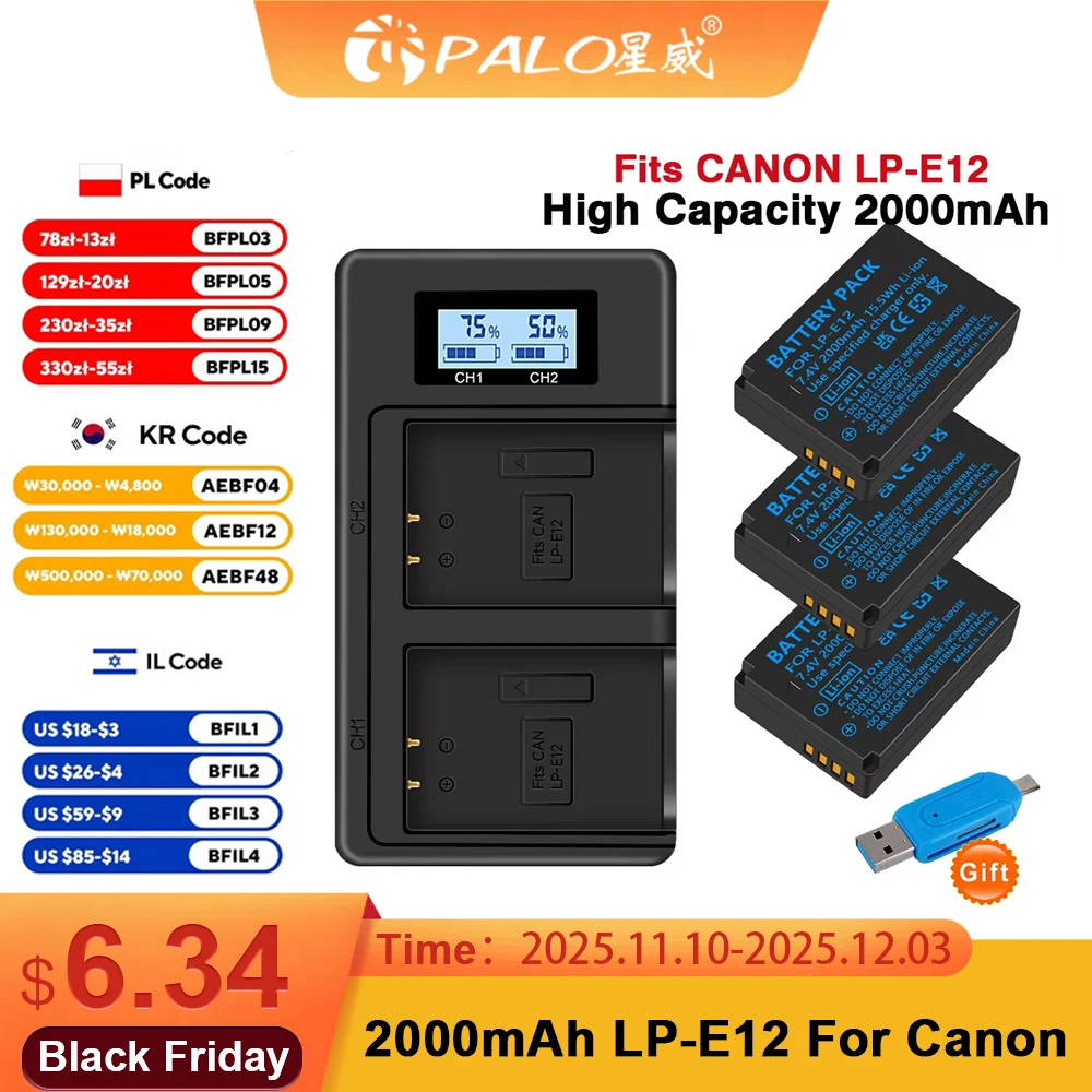 PALO 100% originale LP-E12 LP E12 LPE12 batteria agli ioni di litio + caricatore doppio USB LCD per Canon EOS M50, EOS M100,100D Kiss X7 Rebel SL1