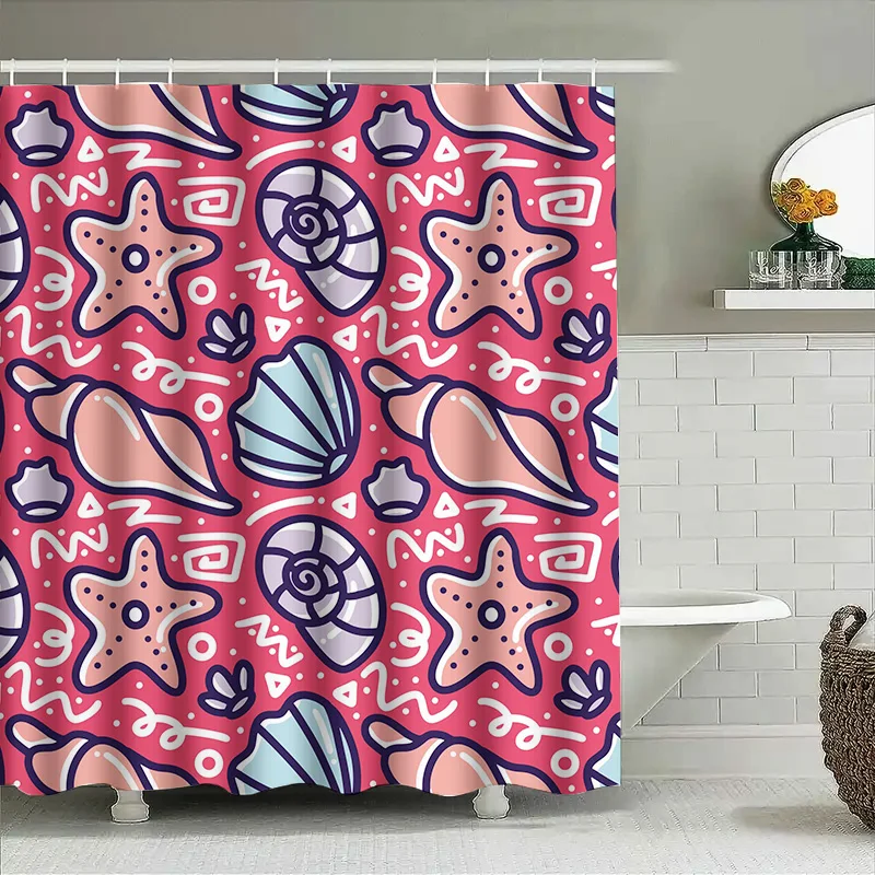 

Ocean-Inspired Shower Curtain with Shell Patterns Pink Blue Purple Decorative Fabric Waterproof Bathing Room Accessories for Bat