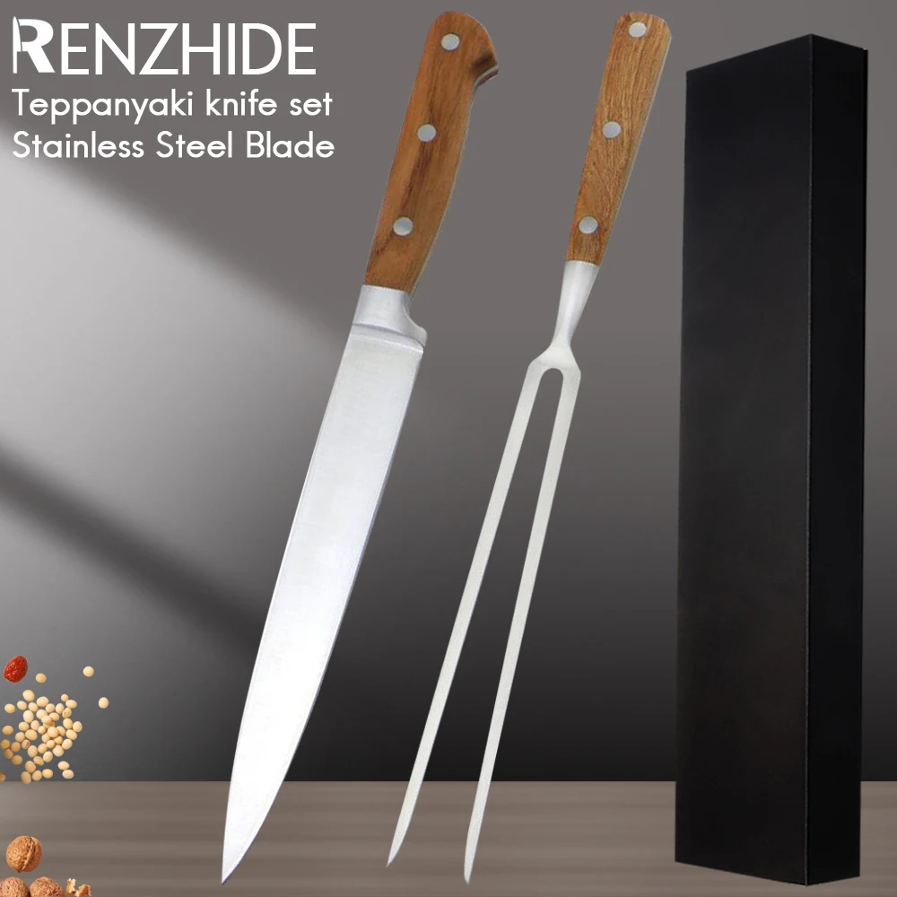 

RZD Stainless Steel Knife Fork Set Teppanyaki Slicing Gill Japanese Chef Korea BBQ Tool Gift Box Cooking Steak Roast Beef Vege