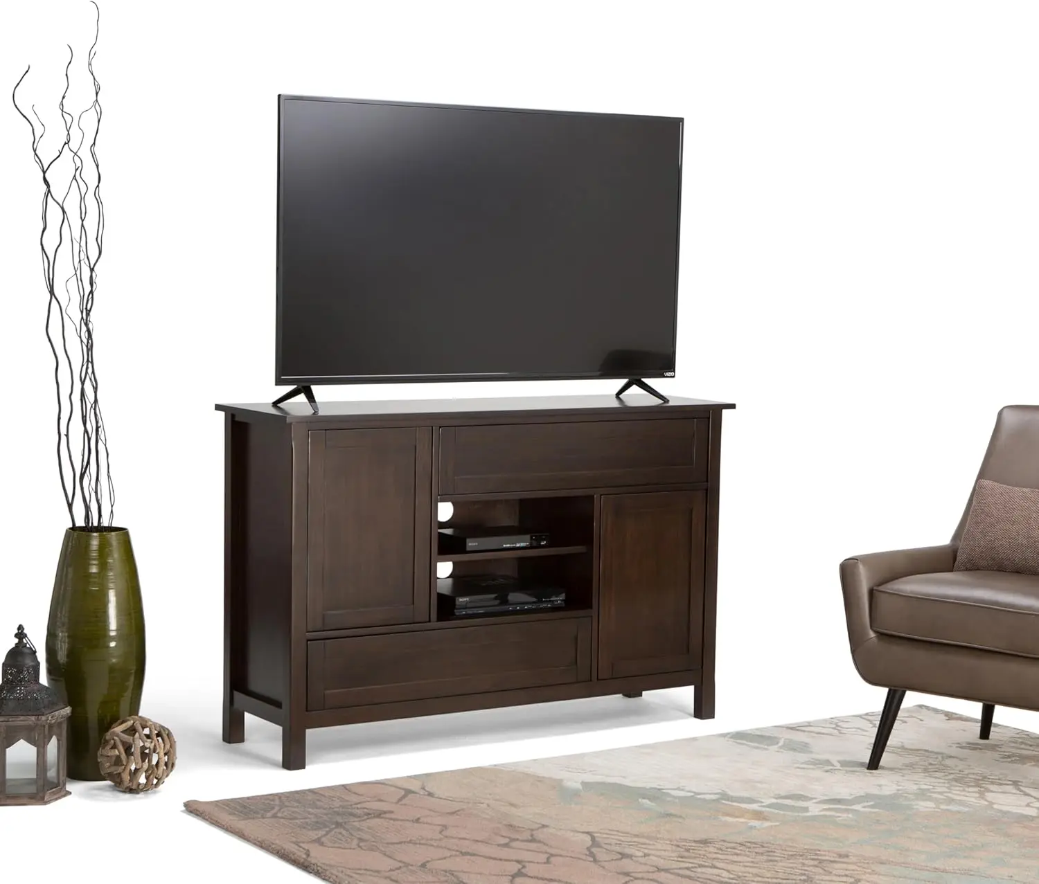 SOLID WOOD 54 Inch Wide Contemporary TV Media Stand in Dark Chestnut Brown for TVs up to 60 Inches, For the Living Room