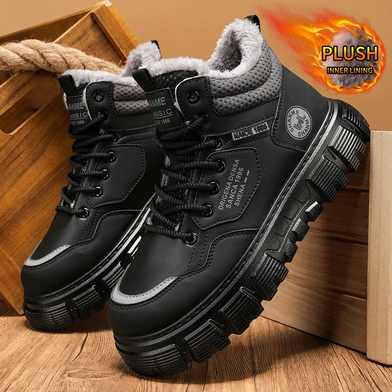 Winter Velvet High Top Men's Boots Yellow Thick Cotton Workwear Shoes with Thick Sole Height Increasing Warm Men's Footwear