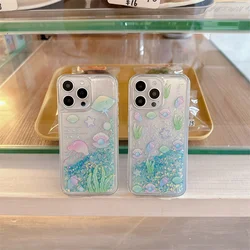 Glow In The Dark Jellyfish Conch Patterned Glitter Bling Soft Case For iPhone 14 15 11 12 Pro 13 X XS Max 7 8 XR Luminous Cover