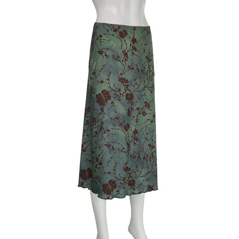 Y2K Vintage Midi-Röcke mit Blumenmuster für Damen, Harajuku Fairycore, grüner gerader Maxirock, ästhetische süße Mädchenkleidung – Detail 7