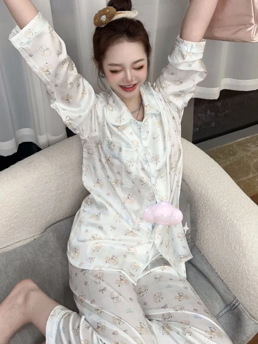 Sweet Princess Wind Ice Silk Long-sleeved Pajamas Cute Cartoon Puppy Spring and Summer New Outer Loungewear Suit