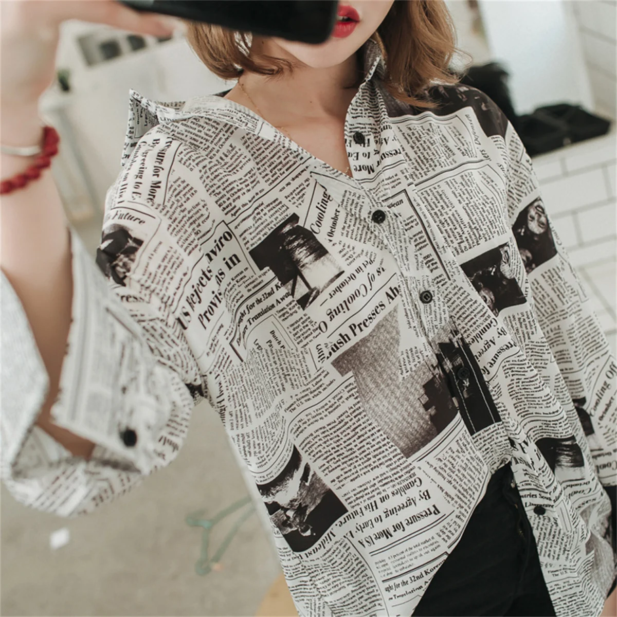 Trendy Shirt Blouse Simple Thin Newspaper Print Shirt Summer Loose Shirt Top Women Solid Color Sun Protection Shirt Streetwear