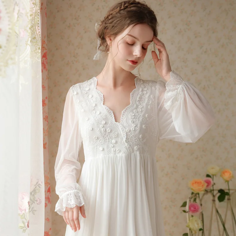 Women French Sexy V-Neck Gauze Sleepwear Nightdress Princess Sweet Long Lace Decor White Nightgown Summer Mid-Calf Modal Nightie