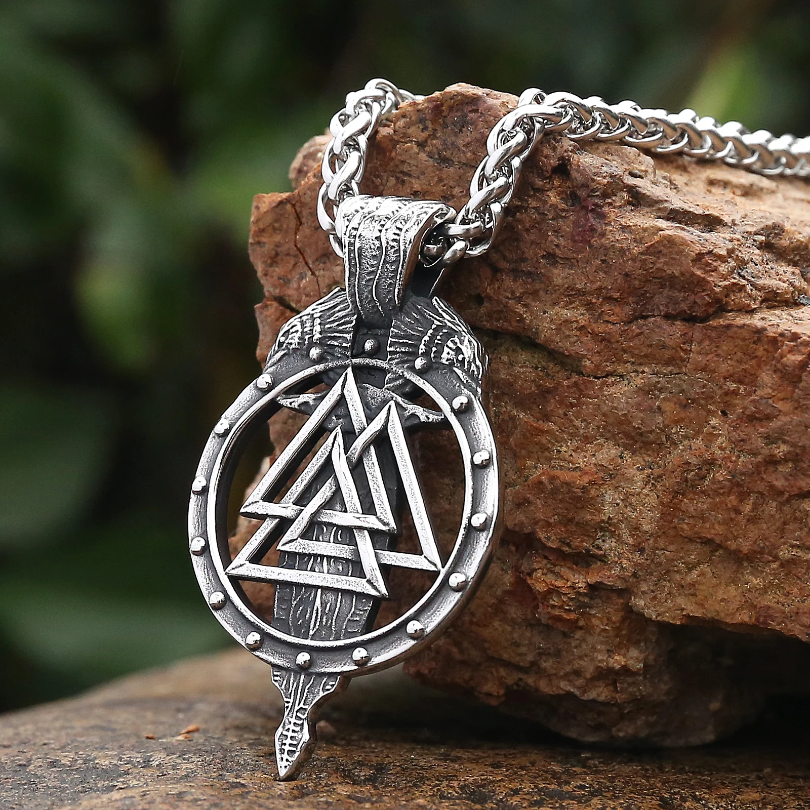 Viking Jewelry Stainless Steel Odin's Raven Huginn and Muninn Valknut Pendant Necklace