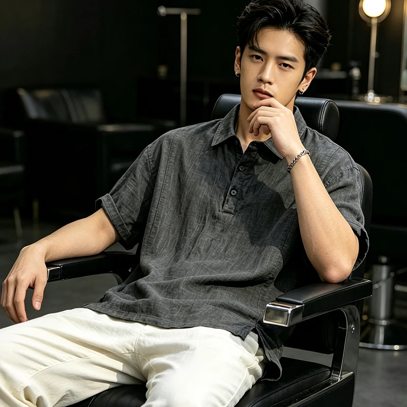 2026 Summer Men's Linen-Like Loose and Breathable Collar Short-Sleeved Shirt Shirt for Men and Women Trendy Polo Shirt with Slit