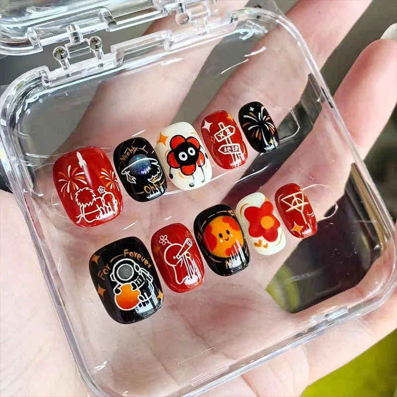 30pcs Star Paw Print Polka Dot Press On Nails Black White Gray Color Block Fake Nail Short Square Kawaii False Nail for Women - view 5