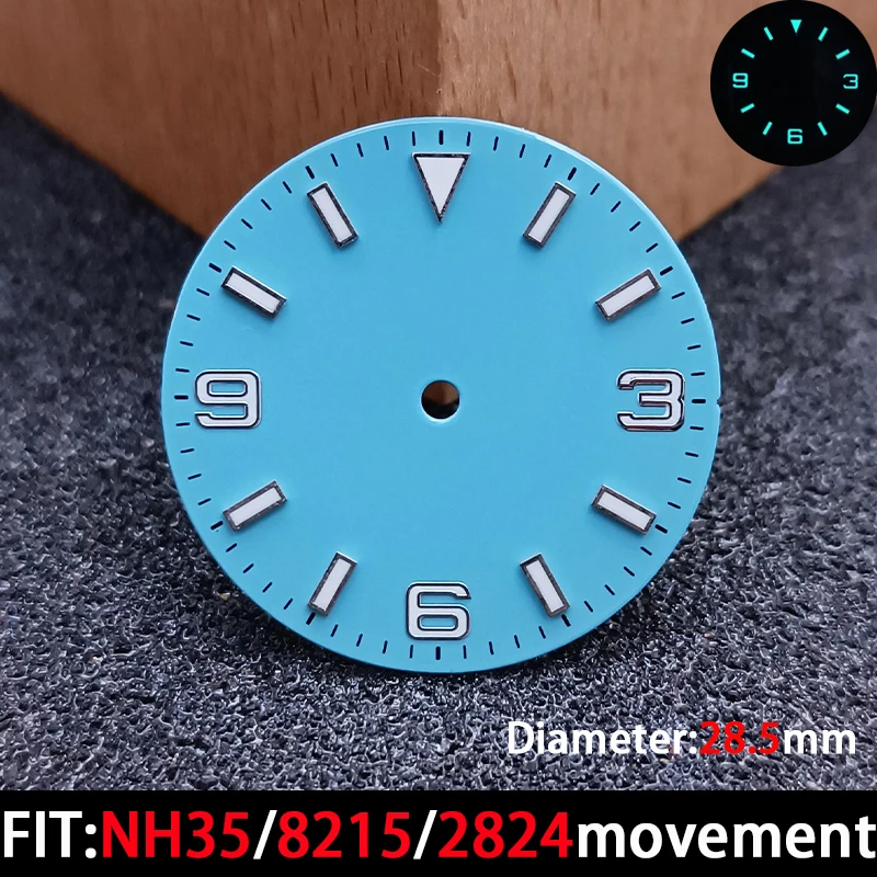 قرص تقويم بقطر 28.5 ملم قرص مضيء باللون الأزرق والأخضر لأجزاء ملحقات حركة الساعة NH3series35/8215/2824