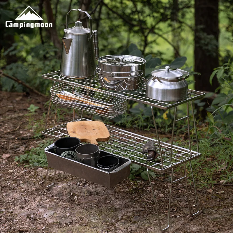 CAMPINGMOON T-225A Portable Camping Folding Table Stainless Steel Narrow Light Mesh Mountain Picnic Combination Storage Rack