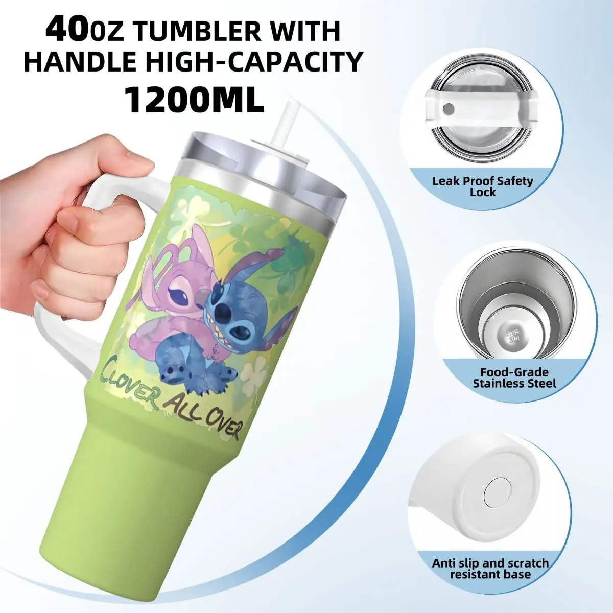 Stainless Steel Tumbler Lilo & Stitch Angel St. Patrick's Day Clover Thermal Mug Portable Cold Mugs Cup Travelist Water Bottle