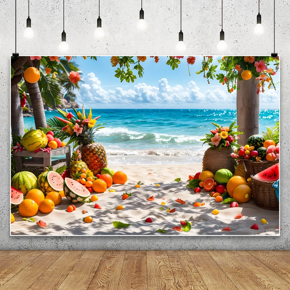 2025 الصيف شاطئ البحر الفواكه الاستوائية التصوير خلفية أشعة الشمس شاطئ أشجار النخيل عطلة التخييم حفلة صور خلفية الاستوديو
