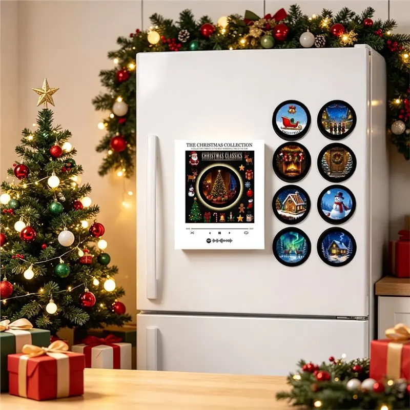 ABNL Christmas Night Light Xmas Magnetic Music Fridge Magnet Touch To Play Vinyl Record Player Built-In LED Fridge Magnet