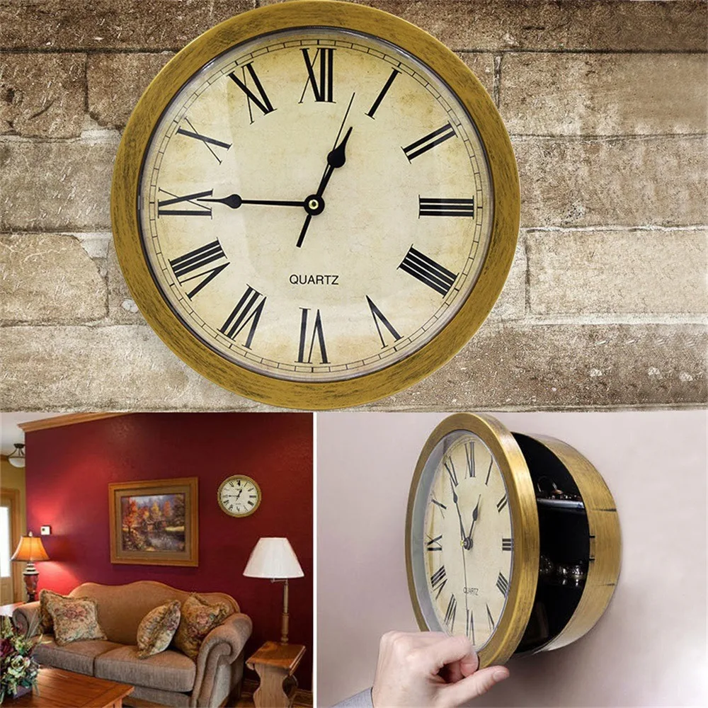 Gold Golden Wall Clock Shaped Hidden Safe Box Diameter25 Cm Plastic Decorative Hidden Security Organizer Box