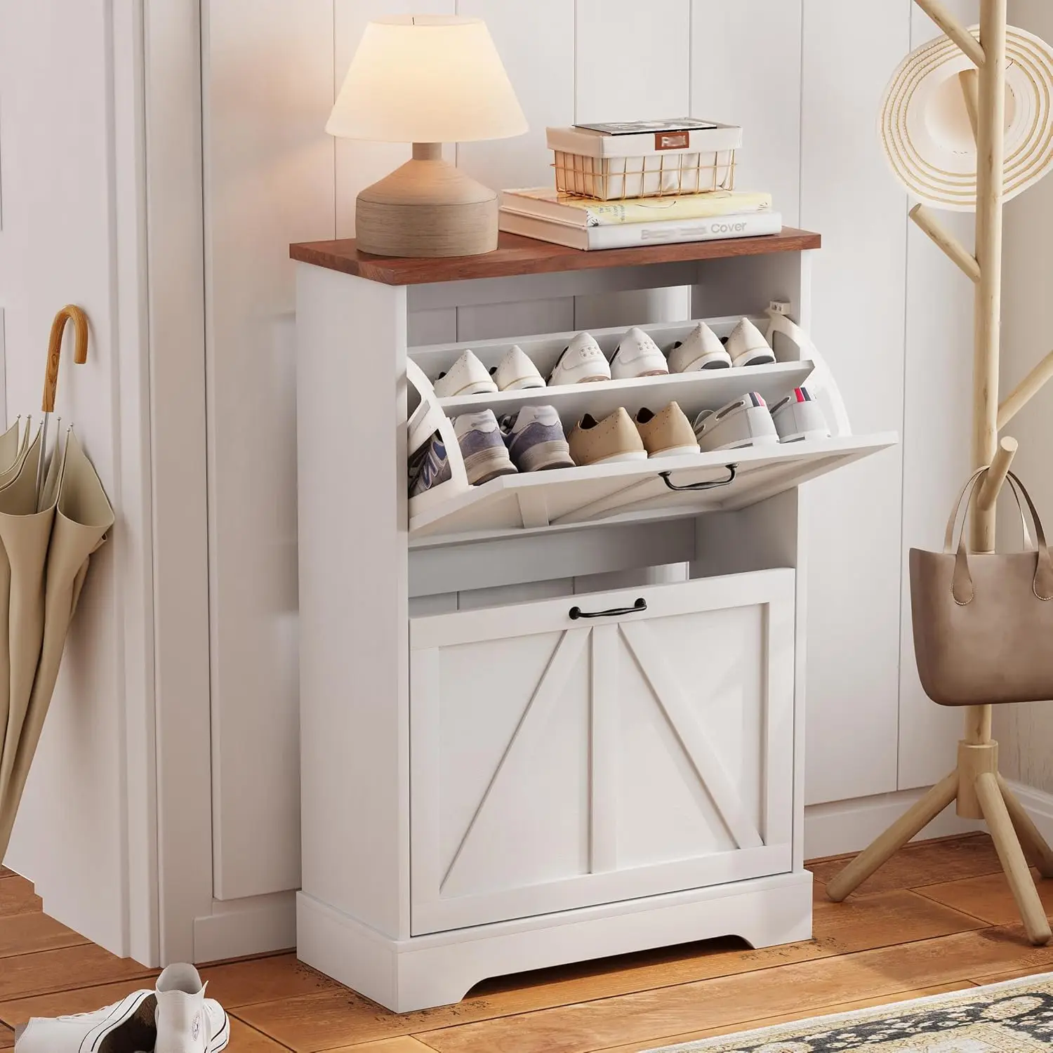 Bauernhaus-Schuhschrank mit 2 Schubladen, rustikaler, schmaler Eingangsbereich-Organizer, weißer Scheunentür-Stil