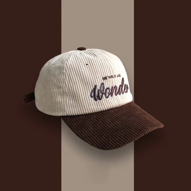 Corduroy Hat WONDER Embroidery Patchwork Colours Baseball Cap Korean for Women Fashion Visor Cap for Men