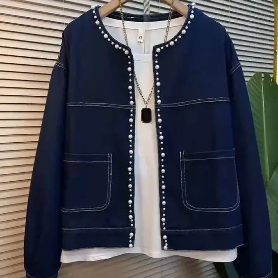 Spring Autumn New Round Neck Pearl Denim Jacket Outwear Women's Single-Breasted Top Line Loose All-Match Jeans Short Jacket Tops