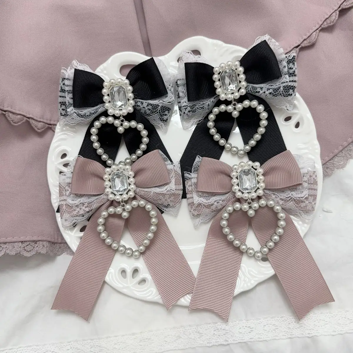 

Japanese Cute Sweet Lolita Hair Accessories Girl Mass Production Love Bud Rhinestone Hairpin Lace Bow Bangs Pearl Pendant Clips