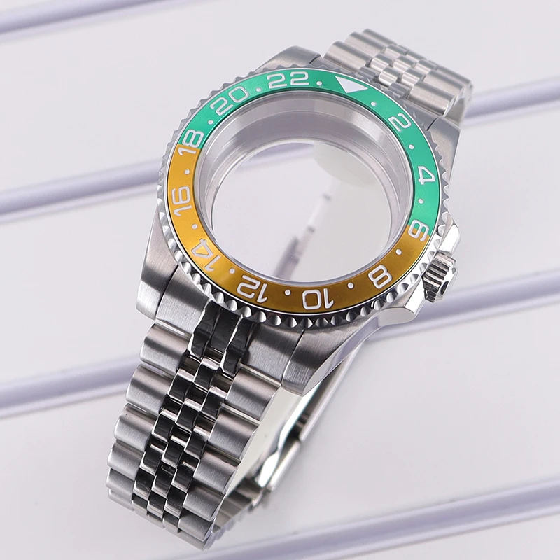 Fanya 40mm Men Watch Case 5-Link Bracelet Green And Yellow GMT For Seiko Nh34 Nh35 Nh36/38 Eta 2824 Miyota 8215 Movement 28.5mm