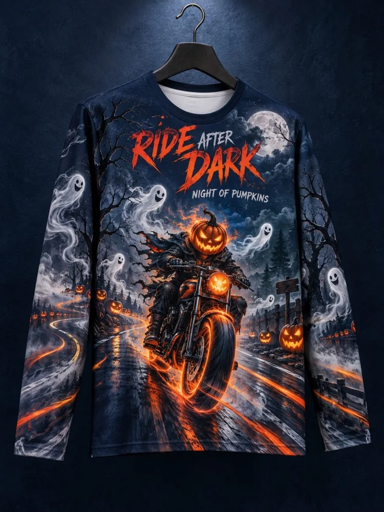 Men's Halloween Pumpkin Rider Long Sleeve T-Shirt Motorcycle Ghost Full Moon Night Of Pumpkins Graphic Tee Pullover Tops Gift