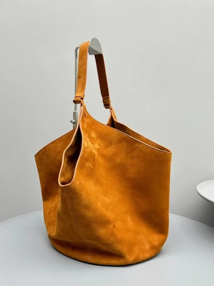 Women Casual Small Totes Handbag Vintage Solid Color Autumn Winter Cowhide Suede Leather Bucket Bag Ladies Single Shoulder Bags