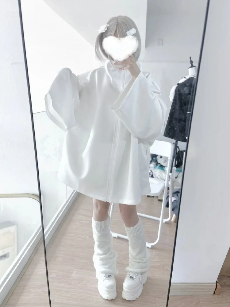 2025 Ropa de Mujer ropa de calle abrigo para Mujer Ropa japonesa Y2k moda prendas de vestir con cremallera blanca Tops chaquetas informales con cuello levantado