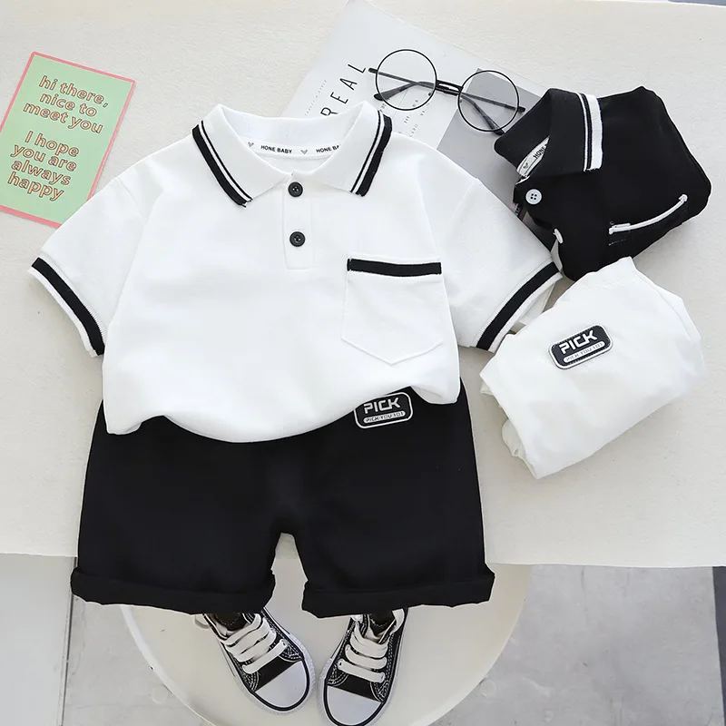 Summer new children\'s clothing boys simple lapel POLO short-sleeved set boys baby shorts casual two-piece set