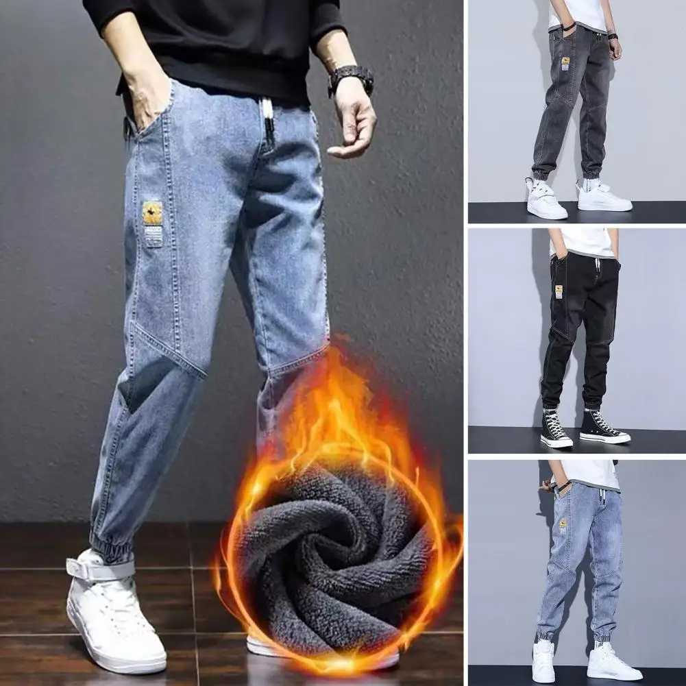 Winter Men Jeans Men Fleece-lined Jeans Plush Lined Men's Winter Jeans with Drawstring Waist Elastic Cuffs Casual for Autumn