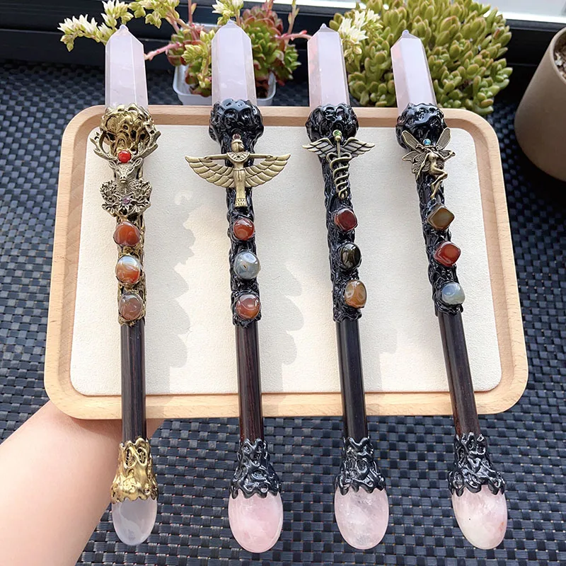 Rose Quartz High Frequency Magic Wand Crafts Handmade Natural Pink Crystal Stone Agate Chakra Beads Resin Fairy Warlock Sceptre