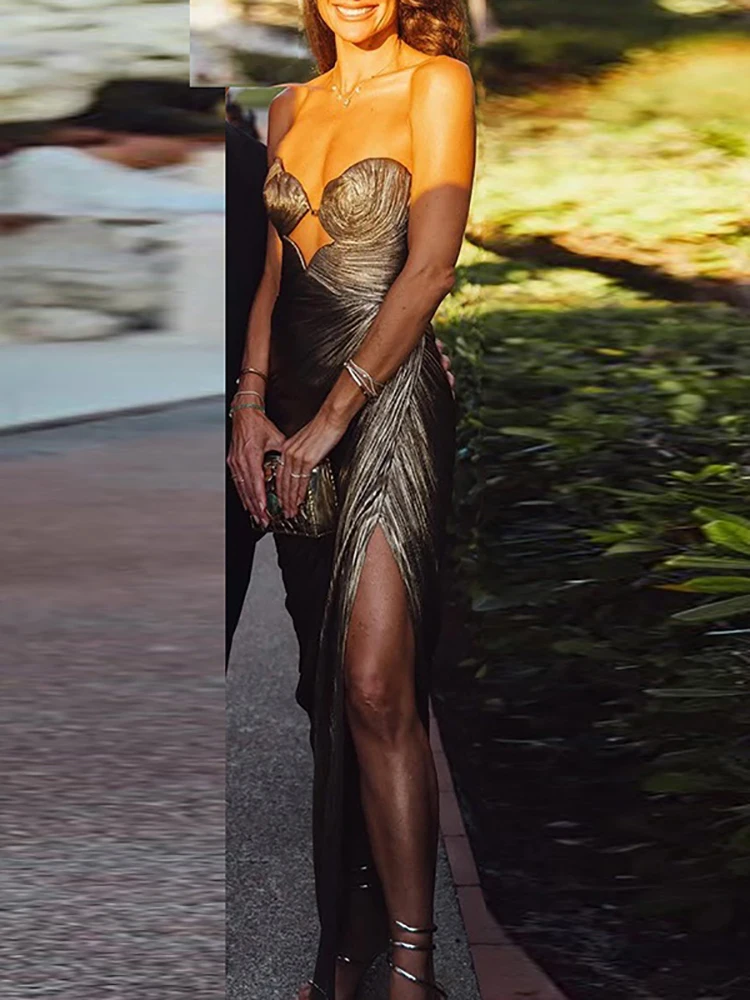 

Backless Irregular Long Dress Fashion Strapless High Waist Cocktail Dress Lady Temperament Off Shoulder Pleats Slim A-line Dress