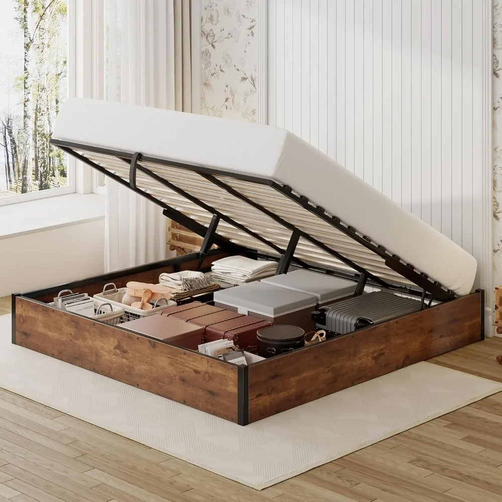 Lift Up Storage Platform Bed Frame,Metal Bed Frame with Wooden Slats Support, No Box Spring Needed, Large Storage Space