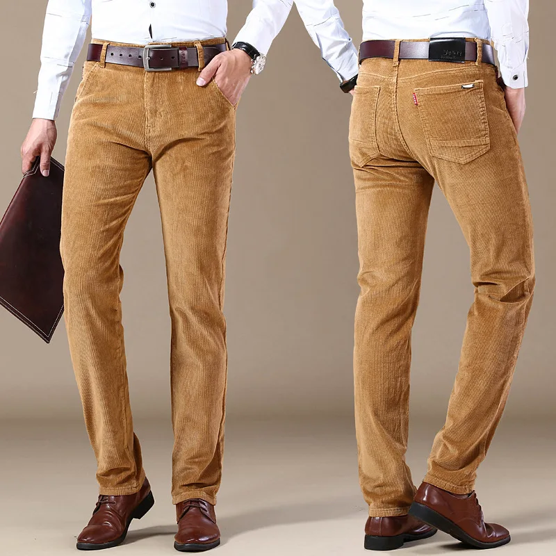 Winter Vintage Corduroy Pants Men Straight Slim Stretch Pants Business Fashion Solid Color Brown Black Blue Casual Trousers Male