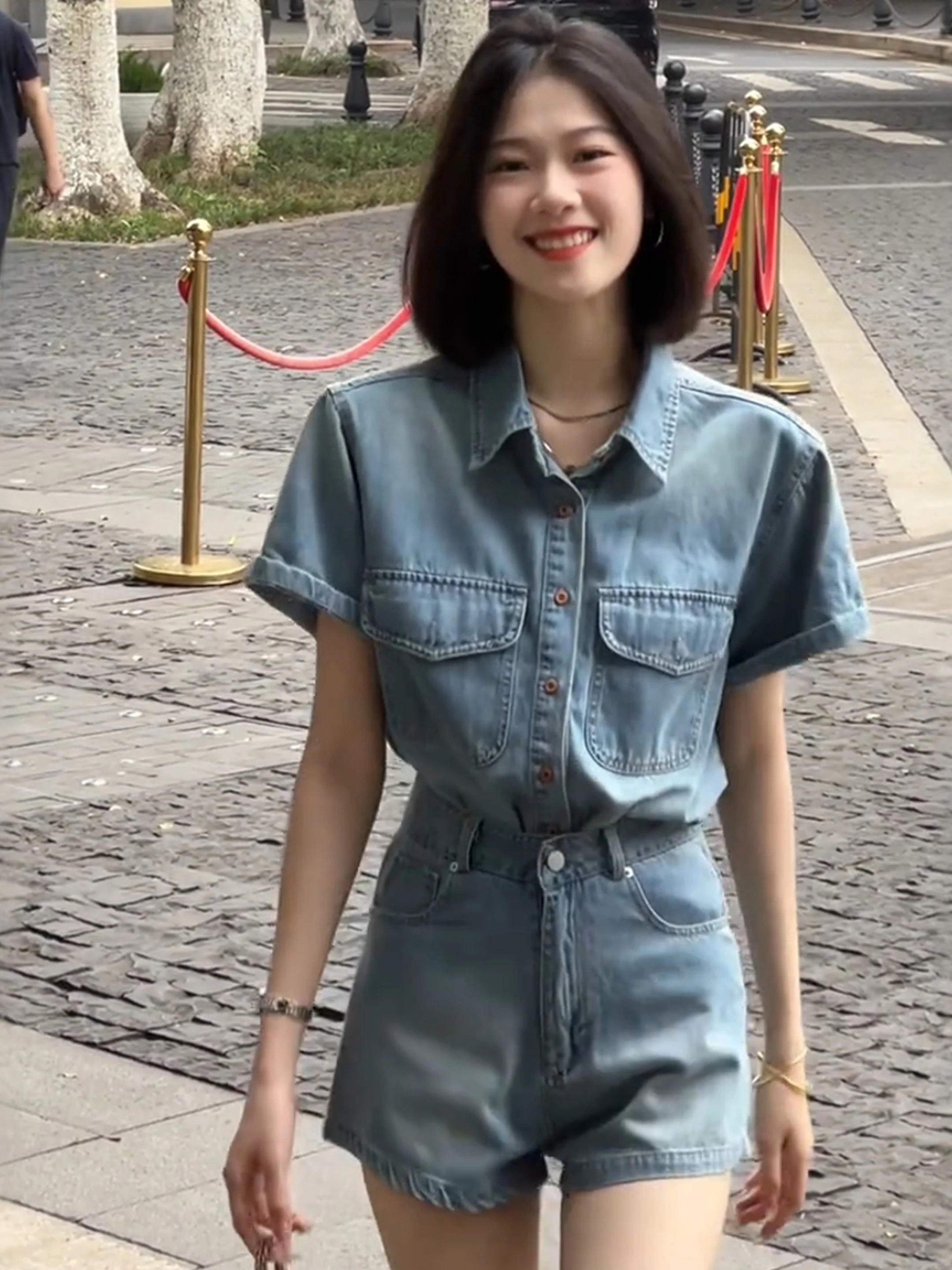 

Summer Fashion High Waist Short Shorts Two-Piece Set Collar Short Sleeve Denim Shirt Jacket Slimming Effect Women's Wear