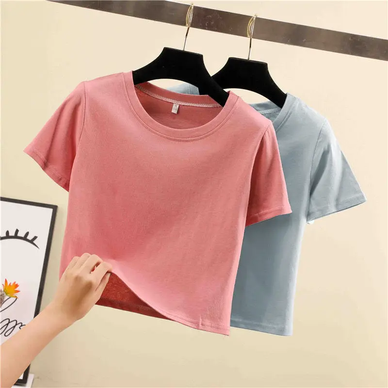 9 Colors Solid Crop Top Women Summer Sexy T-shirt Woman Short Sleeve O-Neck Tee Shirt Femme Skinny Basic Tshirt Korean Clothes