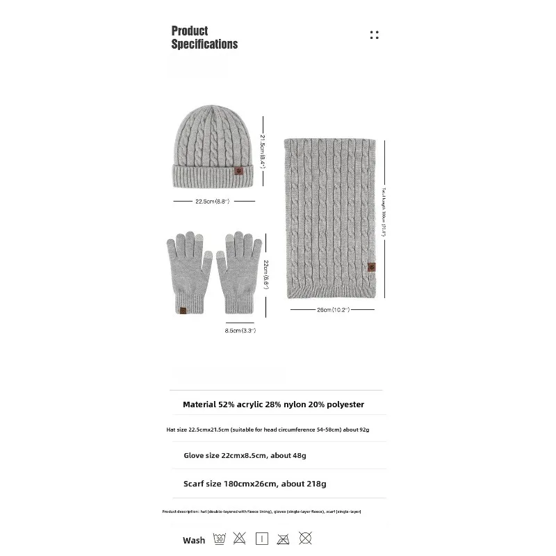 Best-selling knitted thick hat, scarf, and glove three-piece set for cold protection and warmth