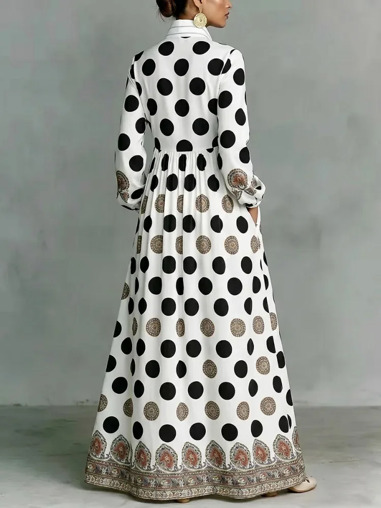 UOOZEE 2026 New Vintage Ethnic Printed Polka Dot Maxi Dresses For Women Long Sleeves Stand Collar High Waisted Party Shirt Dress