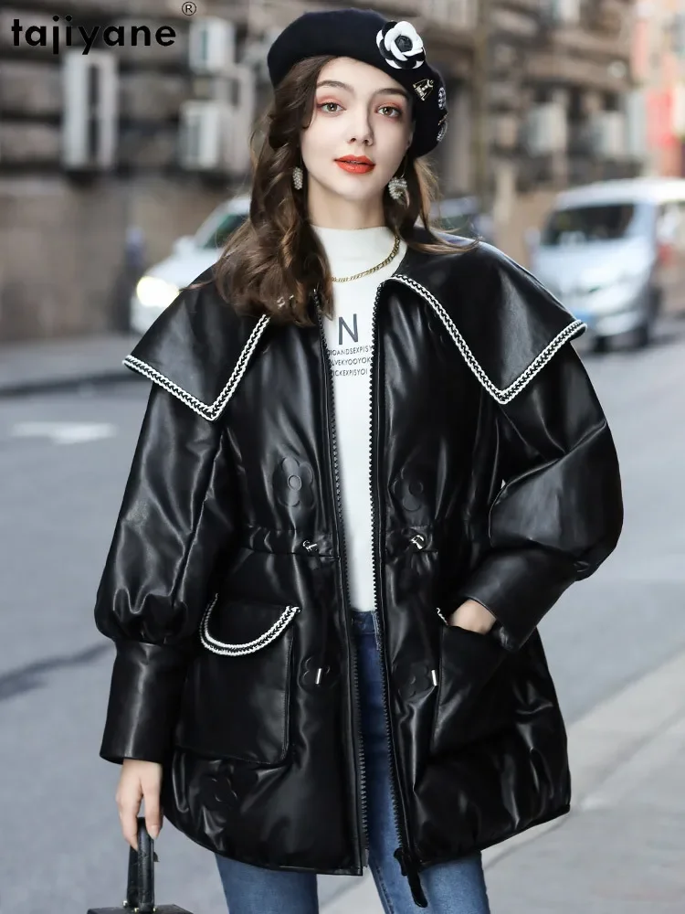 Tajeyane-Chaqueta de plumón de piel de oveja auténtica para mujer, abrigo de plumón de ganso blanco con cuello azul marino, Parka de longitud media, alta calidad, moda de invierno