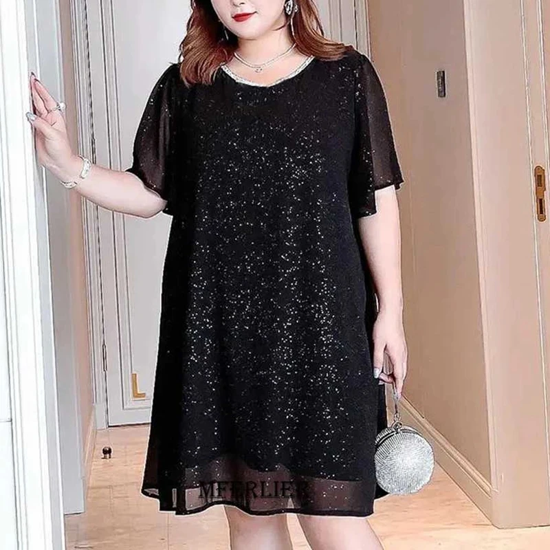 

Plus Size 5XL 150KG Summer Dress Women Black Sequins Dress Short Sleeve Loose Chiffon Elegant Dress Ladies Oversized Dresses