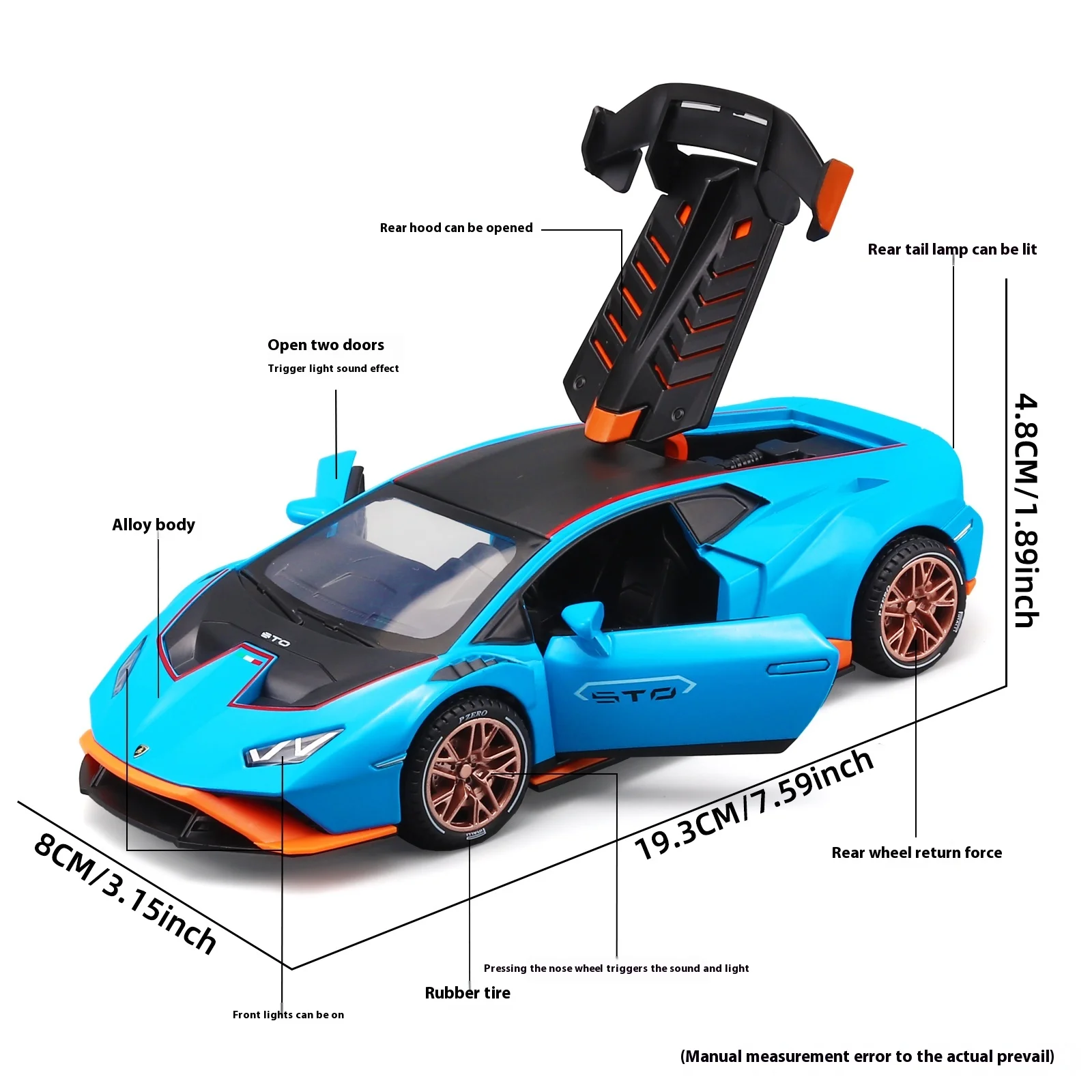 1:24 Lamborghini Huracan STO Supercar Series Alloy Car Model Sound And Light Pull Back Children's Toy Collectibles Birthday Gift