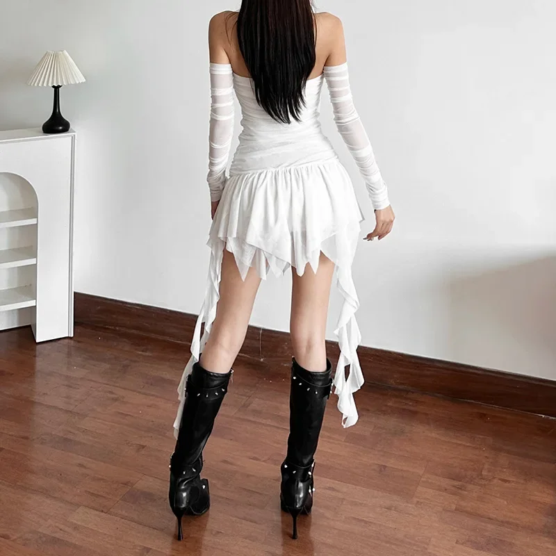 Sweet Strapless Bow Ribbon Mini Dress Women French Sexy High Waist Slim Folds Ruffle Wrapped Birthday Party Vestidos