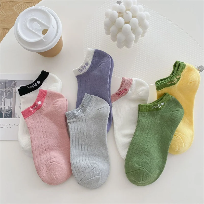 Spring Summer Letters Smile Love Embroidered Women's Socks Candy Color Cute Boat Sock Sweat Absorbing Breathable Thin Ankle Sox