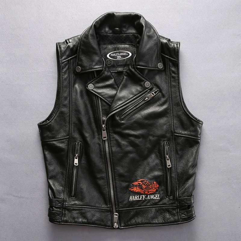 

DHL Free Shipping Men's Motorcycle Biker Cow Leather Vest Male Short Slim Street Vintage Vest Genuine Leather Sleeveless Coat