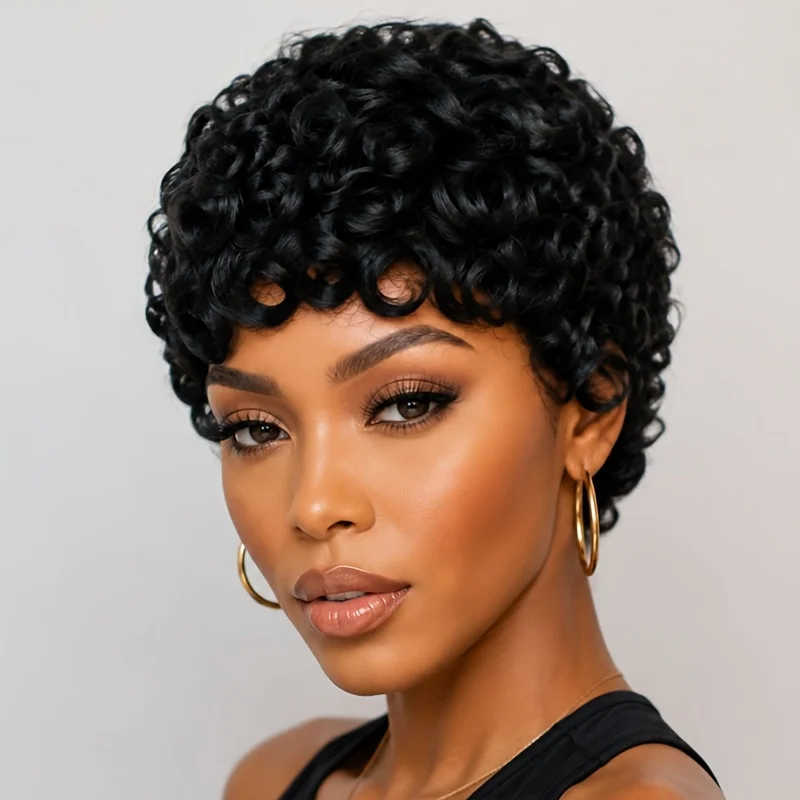 Pixie Cut Wig Human Hair Wig Women's Full Machine Made Short Hair Wig Elegant Design Elastic Mesh Cap Suitable for women