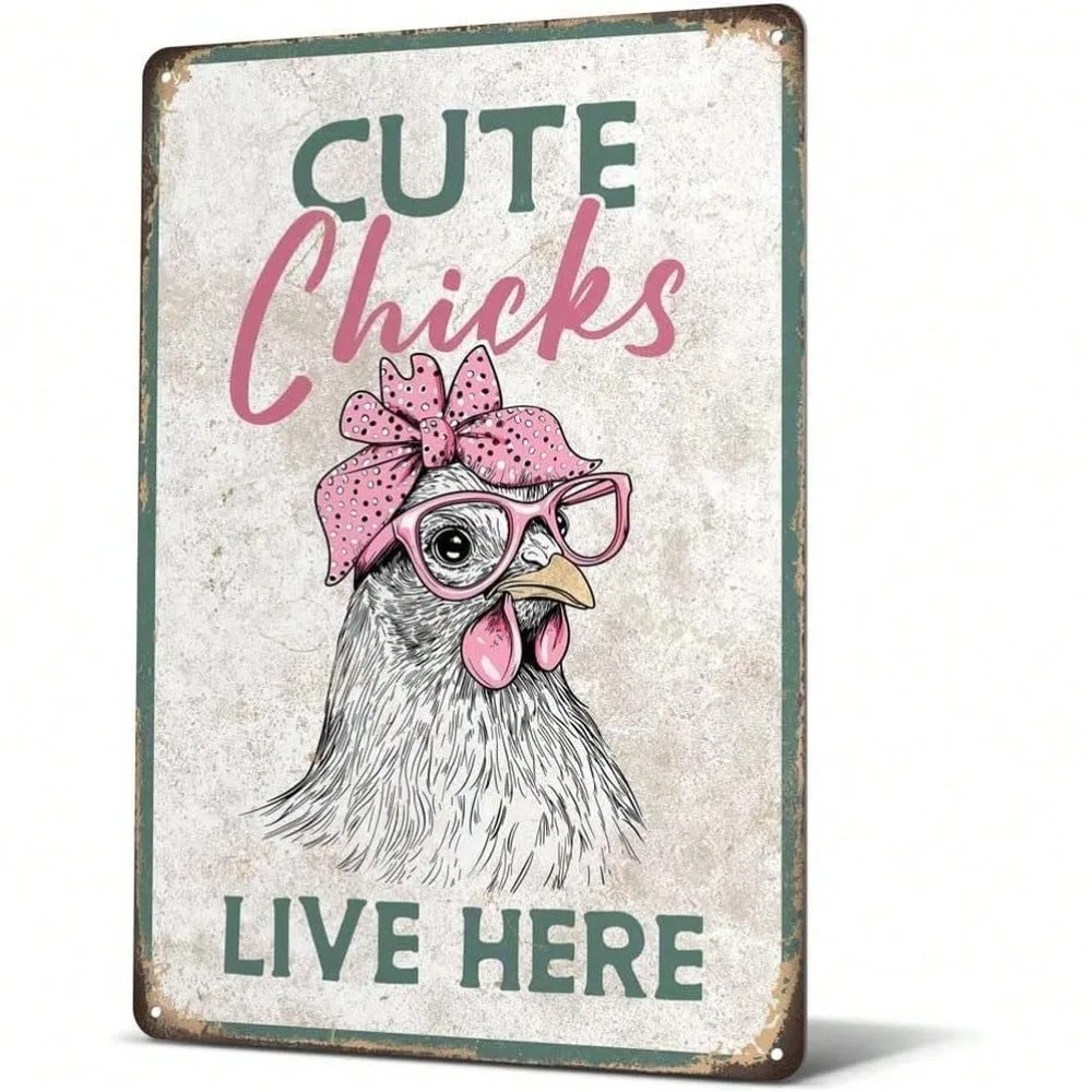 

NortheastVintage Metal Sign "Cute Chicks Live Here"，Rustic Waterproof Outdoor Farm Garden Patio Decor